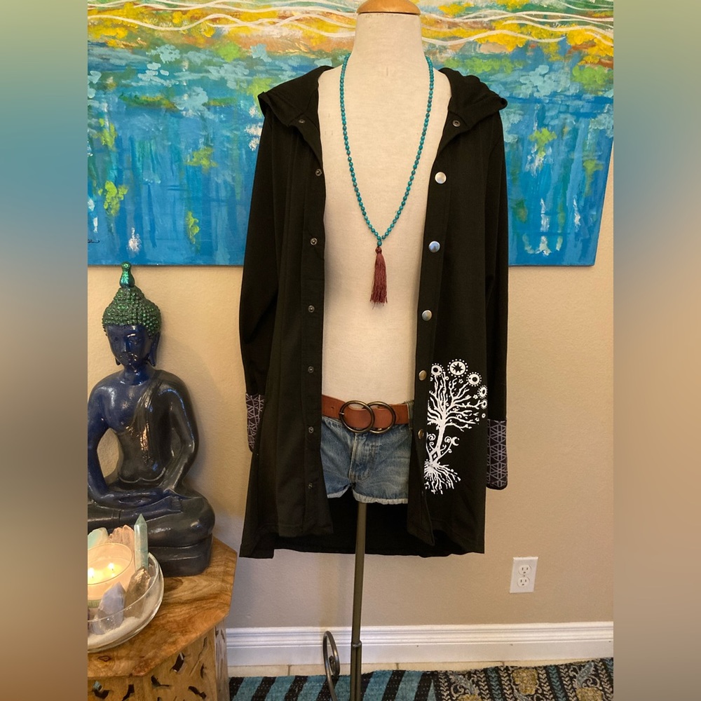 Boho hippie two pocket hooded button down cardigan black with boho design